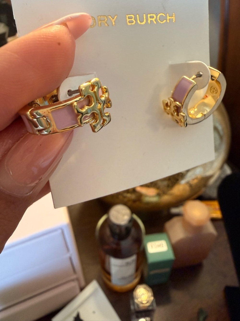 Tory Burch Pink Enamel Gold-Tone Logo Huggie Earrings - Picture 2 of 3